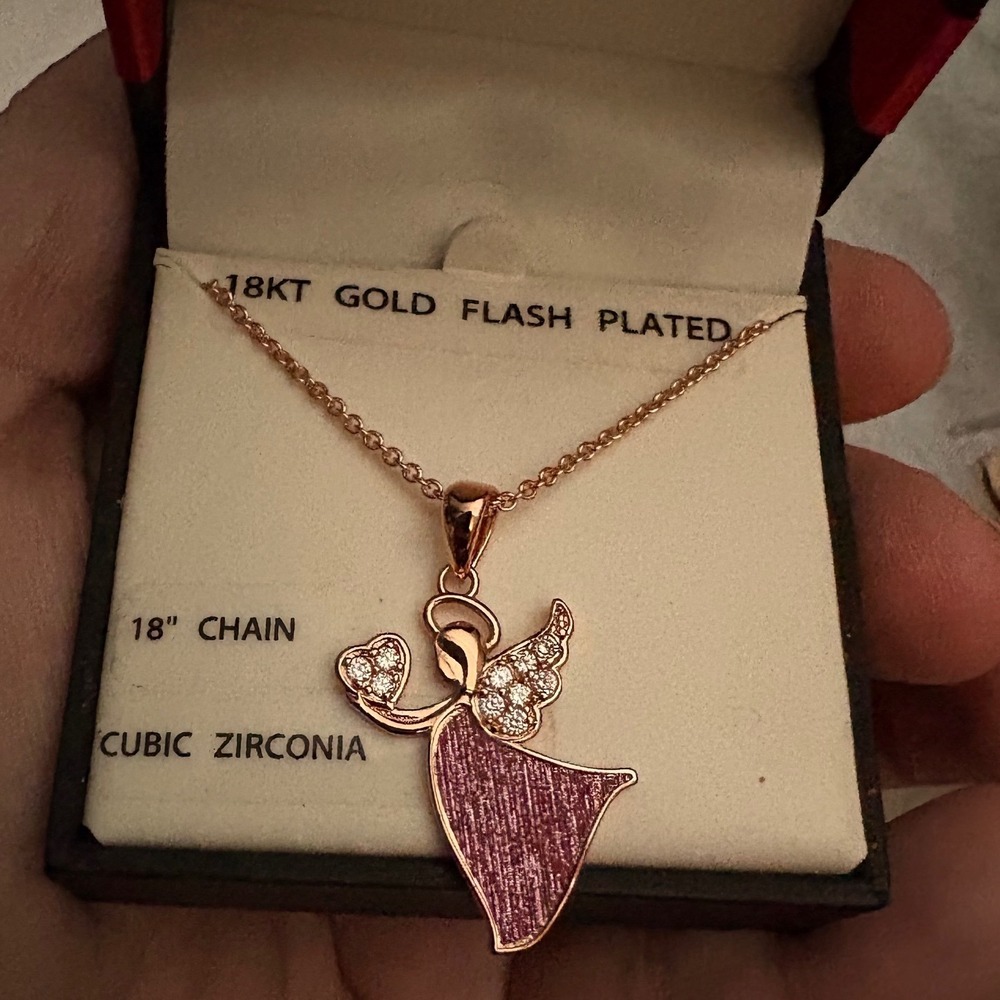 18KT‎ Gold Flash Plated Angel Necklace Cubic Zirconia Purple Pendant 18" Chain